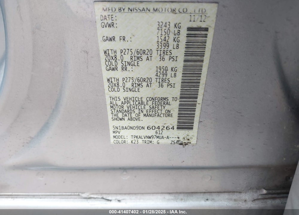 2013 NISSAN ARMADA SL VIN: 5N1BA0ND9DN604264