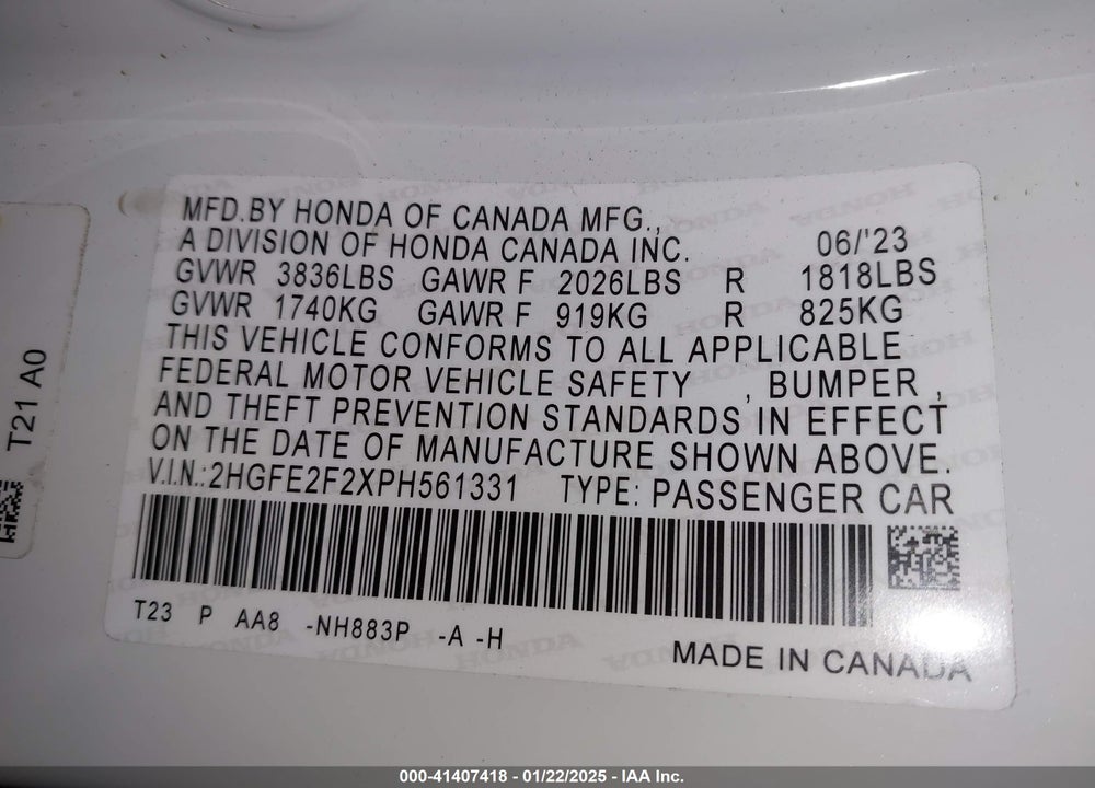 2023 HONDA CIVIC VIN: 2HGFE2F2XPH561331