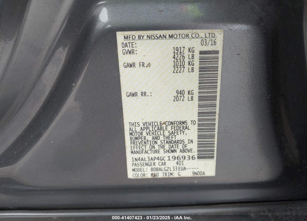 2016 NISSAN ALTIMA VIN: 1N4AL3AP4GC196936