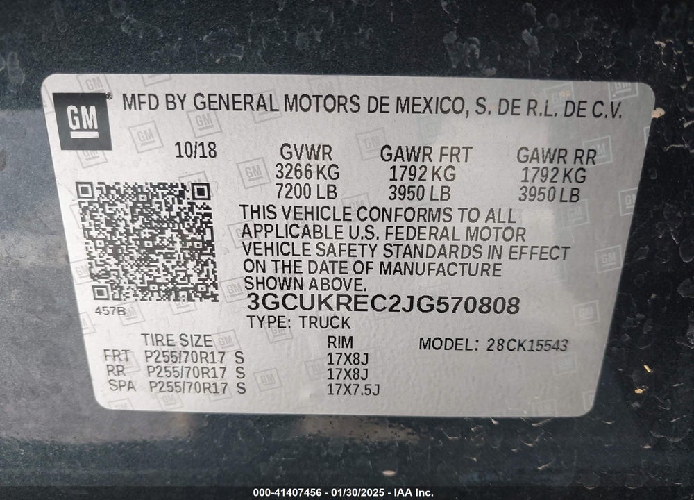 2018 CHEVROLET SILVERADO 1500 VIN: 3GCUKREC2JG570808