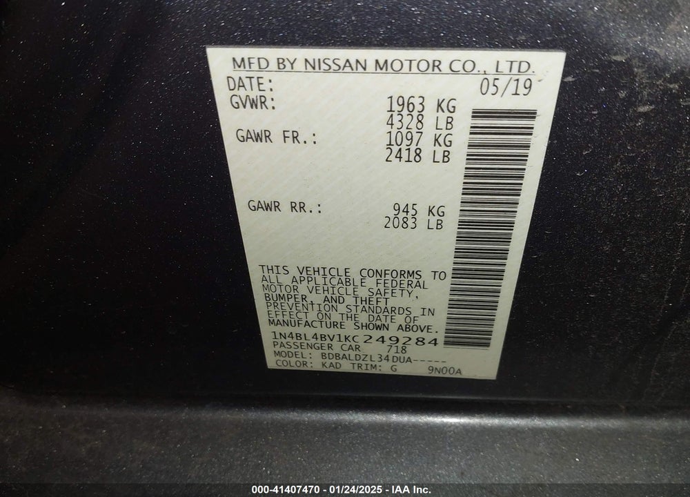 2019 NISSAN ALTIMA 2.5 S VIN: 1N4BL4BV1KC249284