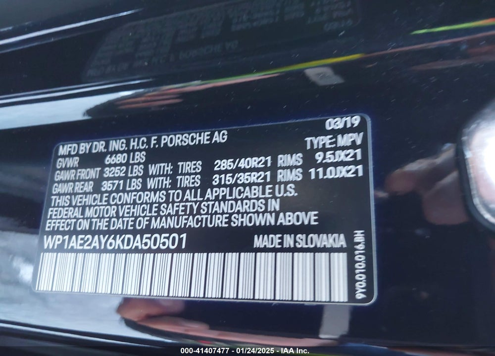2019 PORSCHE CAYENNE E-HYBRID VIN: WP1AE2AY6KDA50501