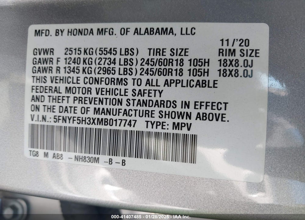 2021 HONDA PILOT 2WD EX VIN: 5FNYF5H3XMB017747