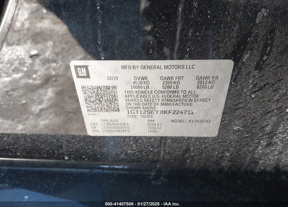 2019 GMC SIERRA 2500HD VIN: 1GT12SEYXKF224711
