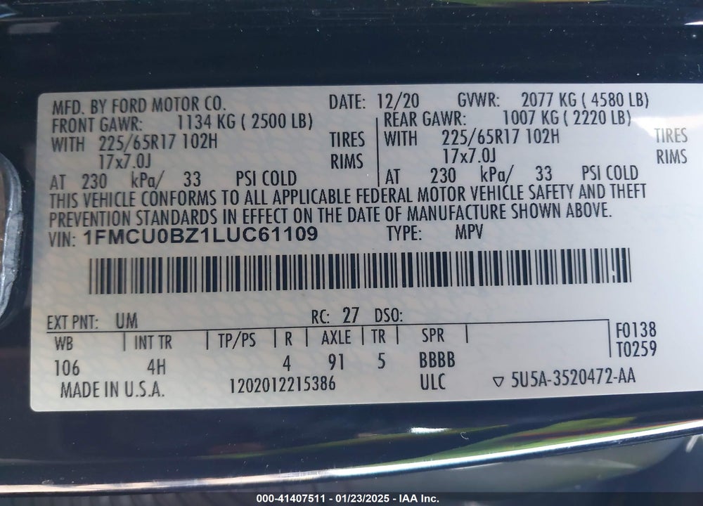 2020 FORD ESCAPE SE SPORT HYBRID VIN: 1FMCU0BZ1LUC61109