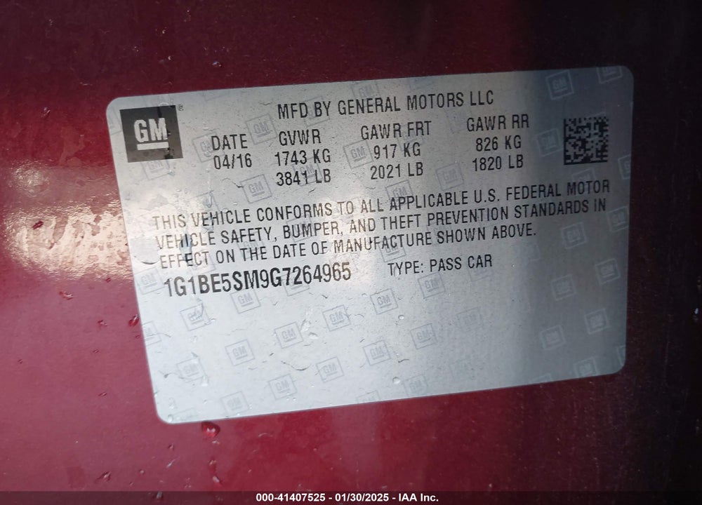 2016 CHEVROLET CRUZE VIN: 1G1BE5SM9G7264965