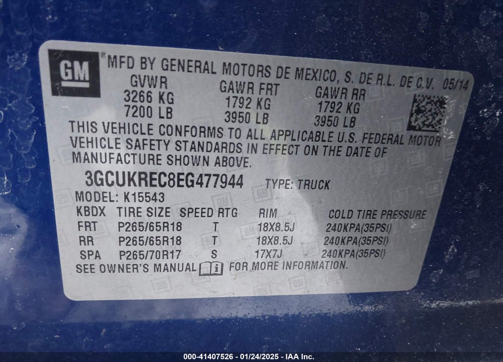 2014 CHEVROLET SILVERADO 1500 2LT VIN: 3GCUKREC8EG477944
