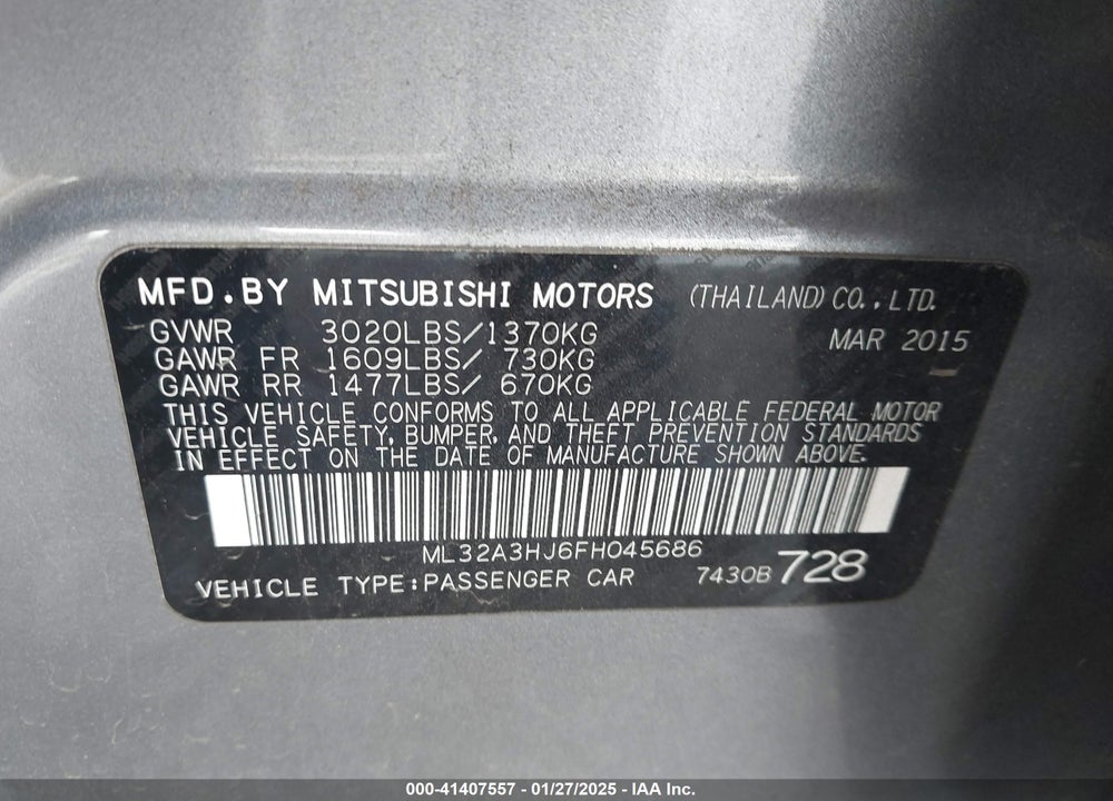2015 MITSUBISHI MIRAGE VIN: ML32A3HJ6FH045686