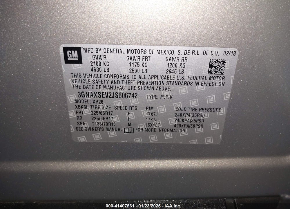 2018 CHEVROLET EQUINOX VIN: 3GNAXSEV2JS606742
