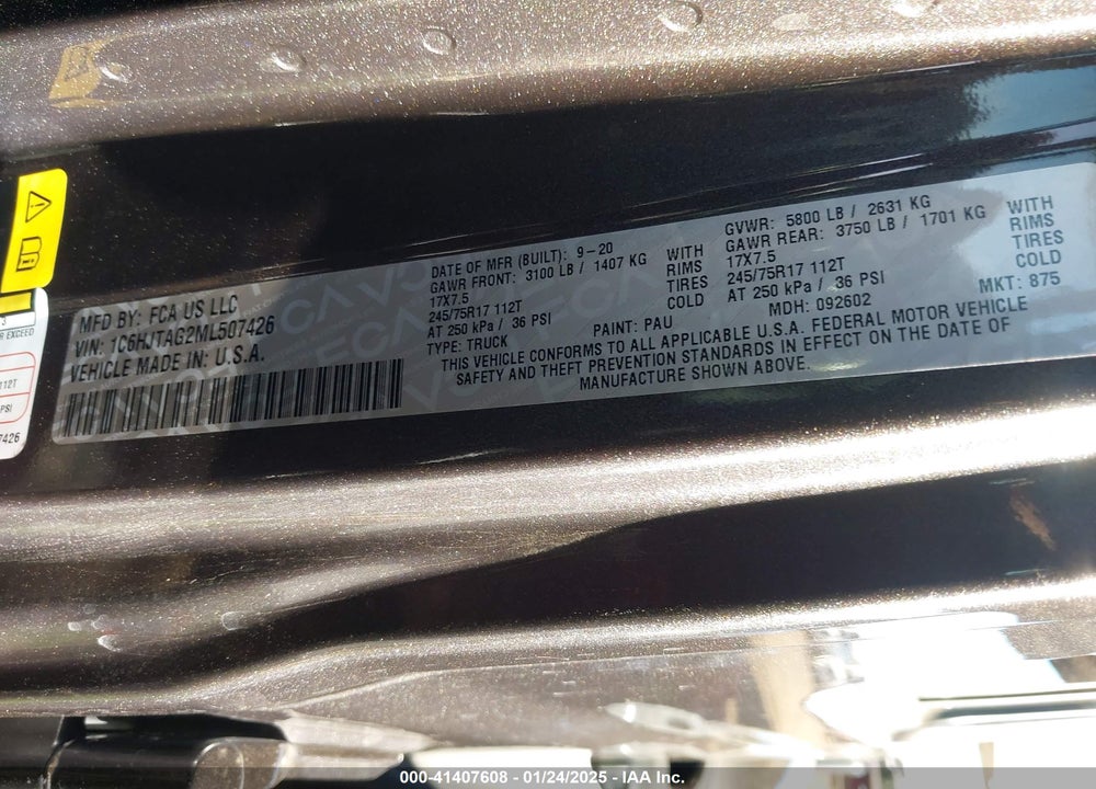 2021 JEEP GLADIATOR VIN: 1C6HJTAG2ML507426
