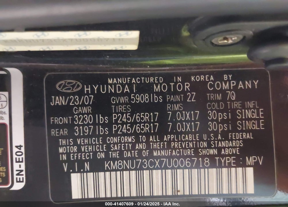 2007 HYUNDAI VERACRUZ GLS/LIMITED/SE VIN: KM8NU73CX7U006718