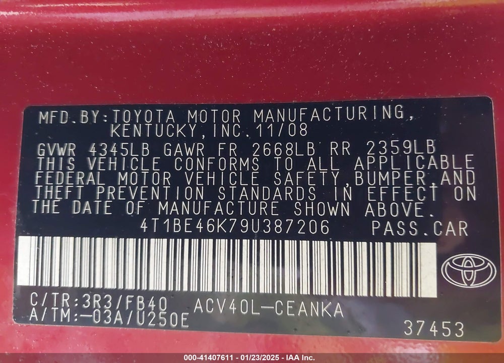 2009 TOYOTA CAMRY VIN: 4T1BE46K79U387206