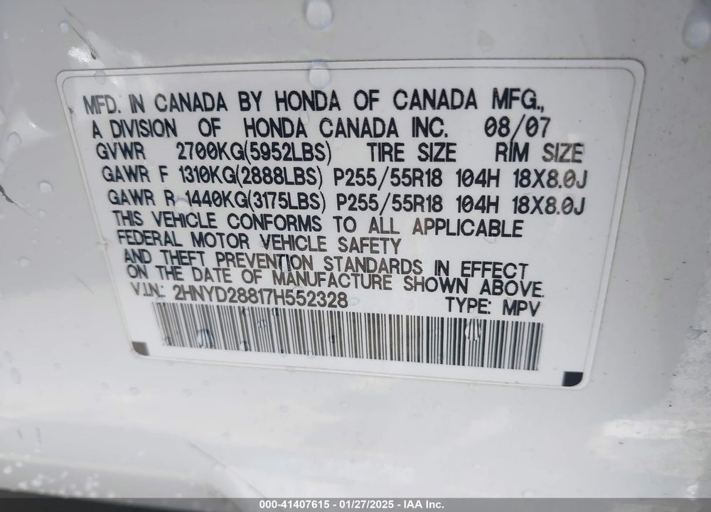 2007 ACURA MDX SPORT PACKAGE VIN: 2HNYD28817H552328