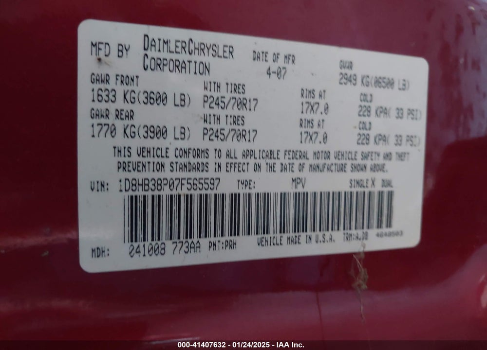 2007 DODGE DURANGO SXT VIN: 1D8HB38P07F565597