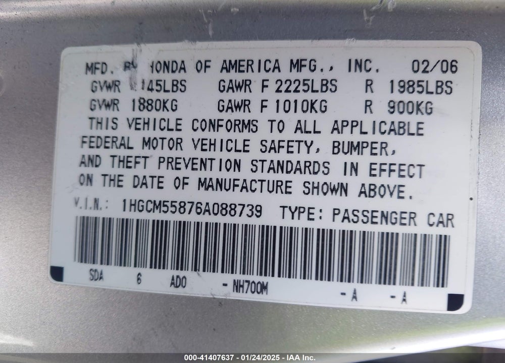 2006 HONDA ACCORD 2.4 EX VIN: 1HGCM55876A088739