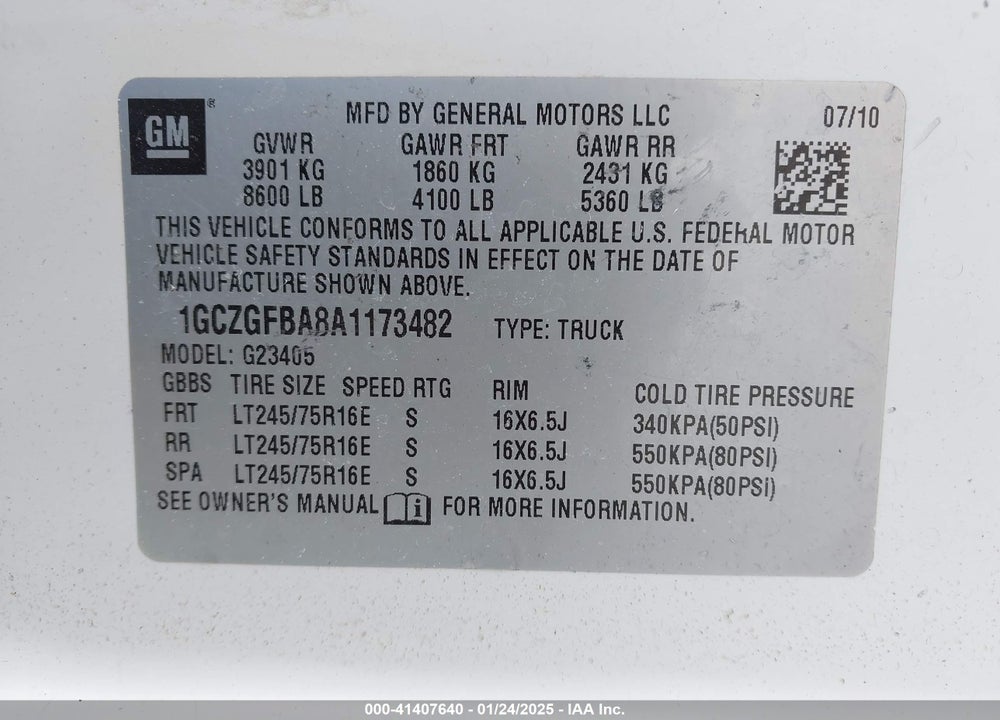 2010 CHEVROLET EXPRESS 2500 WORK VAN VIN: 1GCZGFBA8A1173482