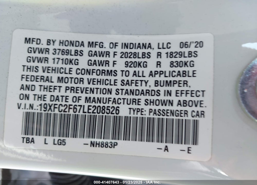 2020 HONDA CIVIC VIN: 19XFC2F67LE208526