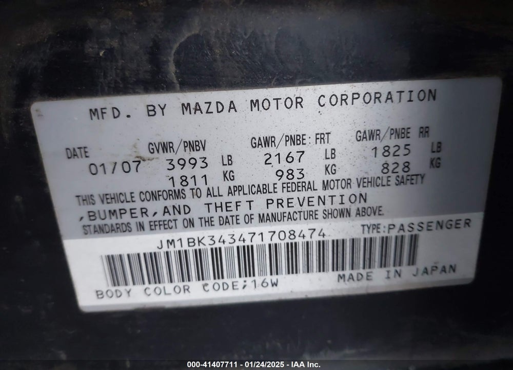 2007 MAZDA MAZDA3 VIN: JM1BK343471708474