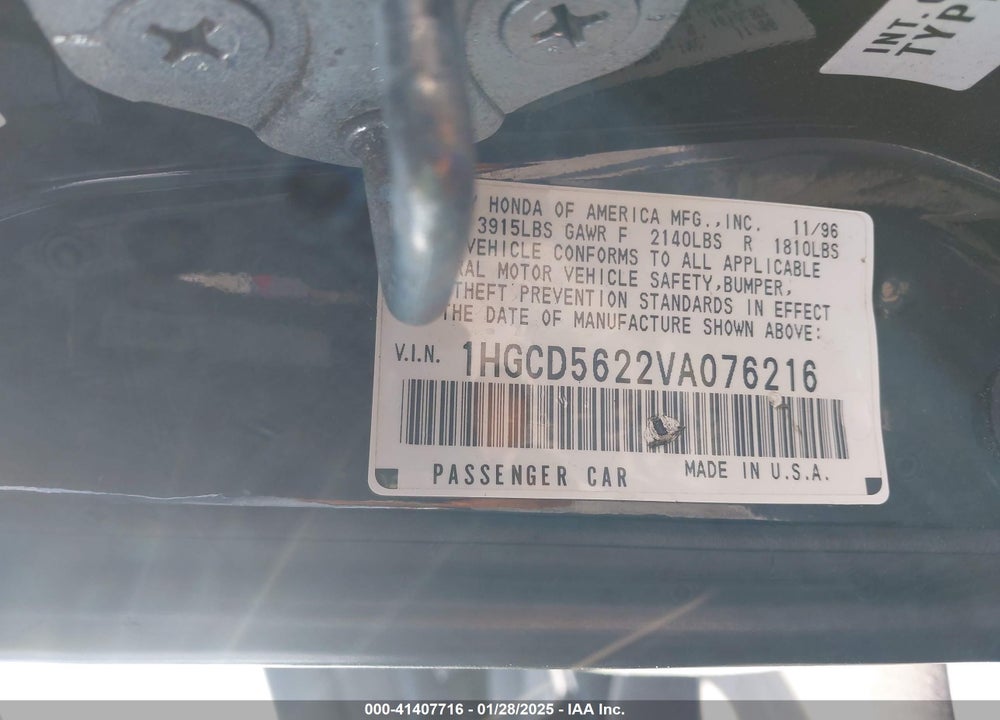 1997 HONDA ACCORD DX VIN: 1HGTB5622VA476216