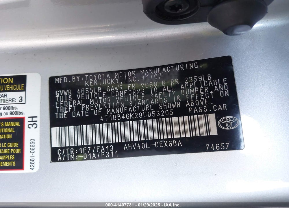 2008 TOYOTA CAMRY HYBRID VIN: 4T1BB46K28U053205