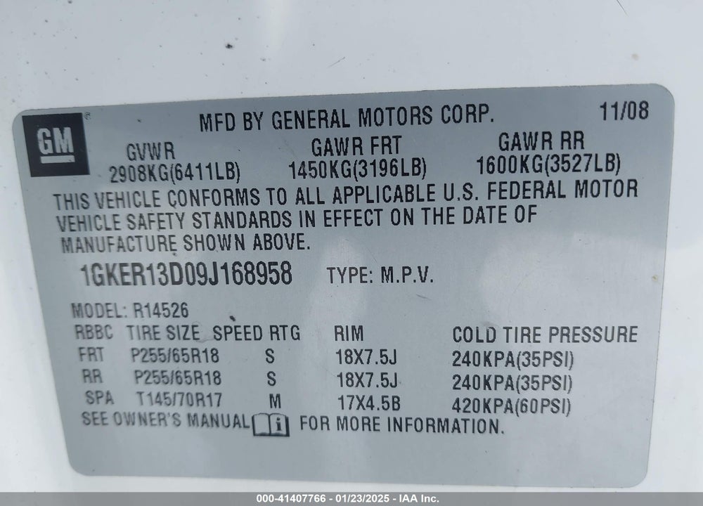 2009 GMC ACADIA SLE-1 VIN: 1GKER13D09J168958
