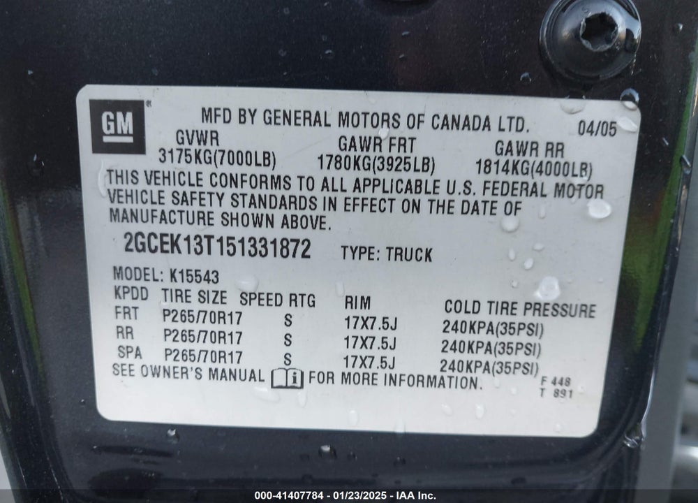 2005 CHEVROLET SILVERADO 1500 Z71 VIN: 2GCEK13T151331872