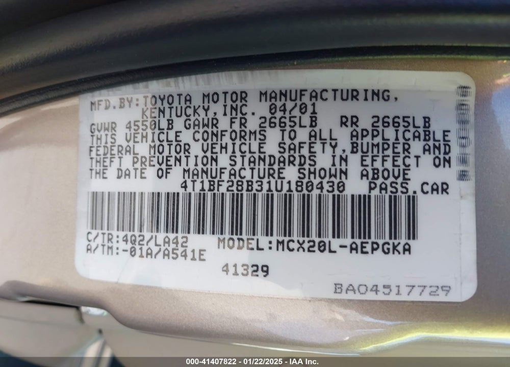 2001 TOYOTA AVALON XLS VIN: 4T1BF28B31U180430
