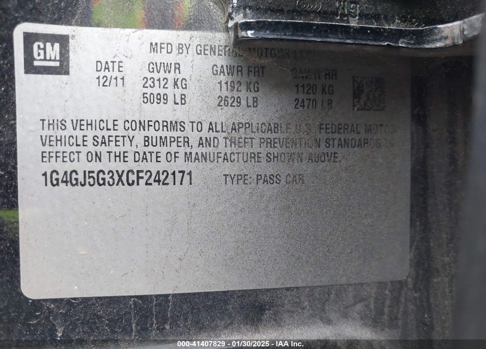 2012 BUICK LACROSSE VIN: 1G4GJ5G3XCF242171