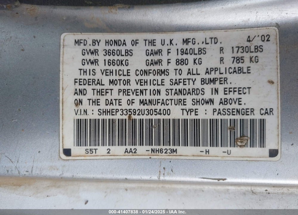 2002 HONDA CIVIC SI VIN: SHHEP33592U305400