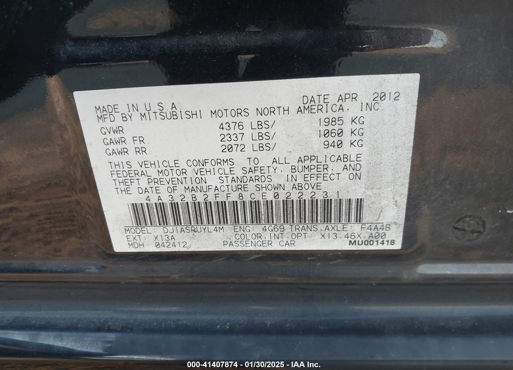 2012 MITSUBISHI GALANT VIN: 4A32B2FF8CE022231