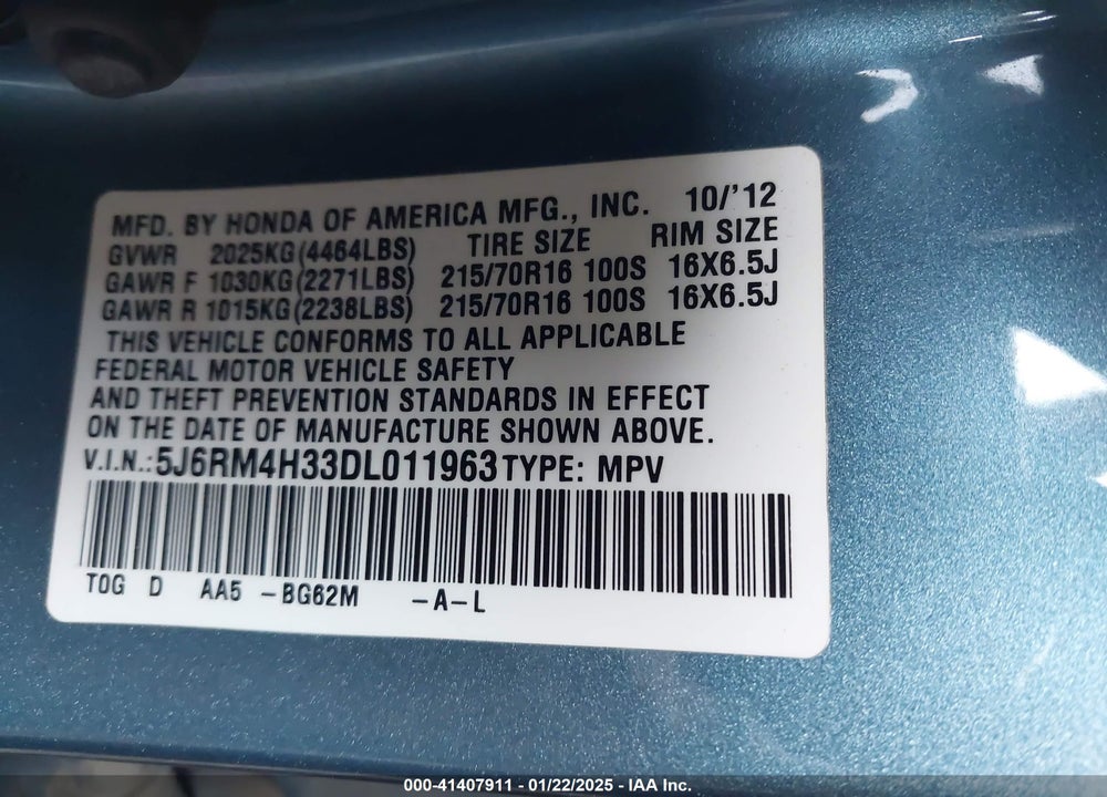 2013 HONDA CR-V VIN: 5J6RM4H33DL011963