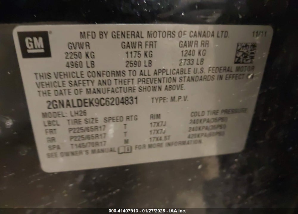 2012 CHEVROLET EQUINOX 1LT VIN: 2GNALDEK9C6204831