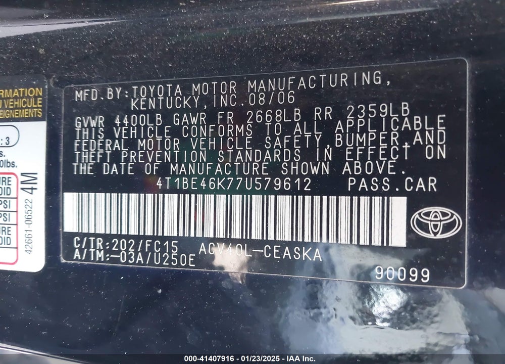 2007 TOYOTA CAMRY SE VIN: 4T1BE46K77U579612