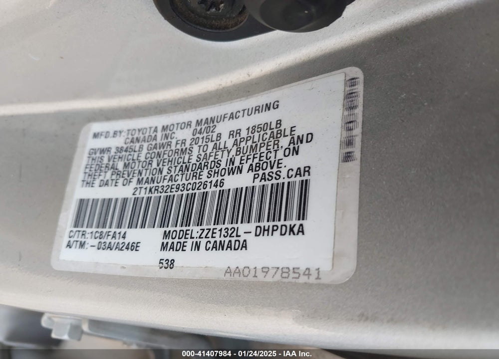2003 TOYOTA MATRIX STANDARD VIN: 2T1KR32E93C026146