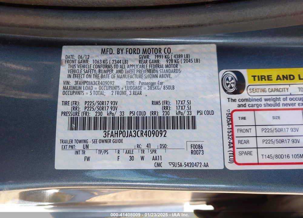 2012 FORD FUSION VIN: 3FAHP0JA3CR409092