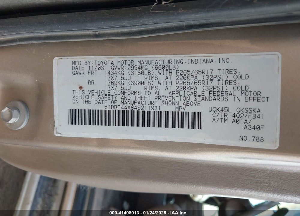 2004 TOYOTA SEQUOIA SR5 V8 VIN: 5TDBT44A84S211931