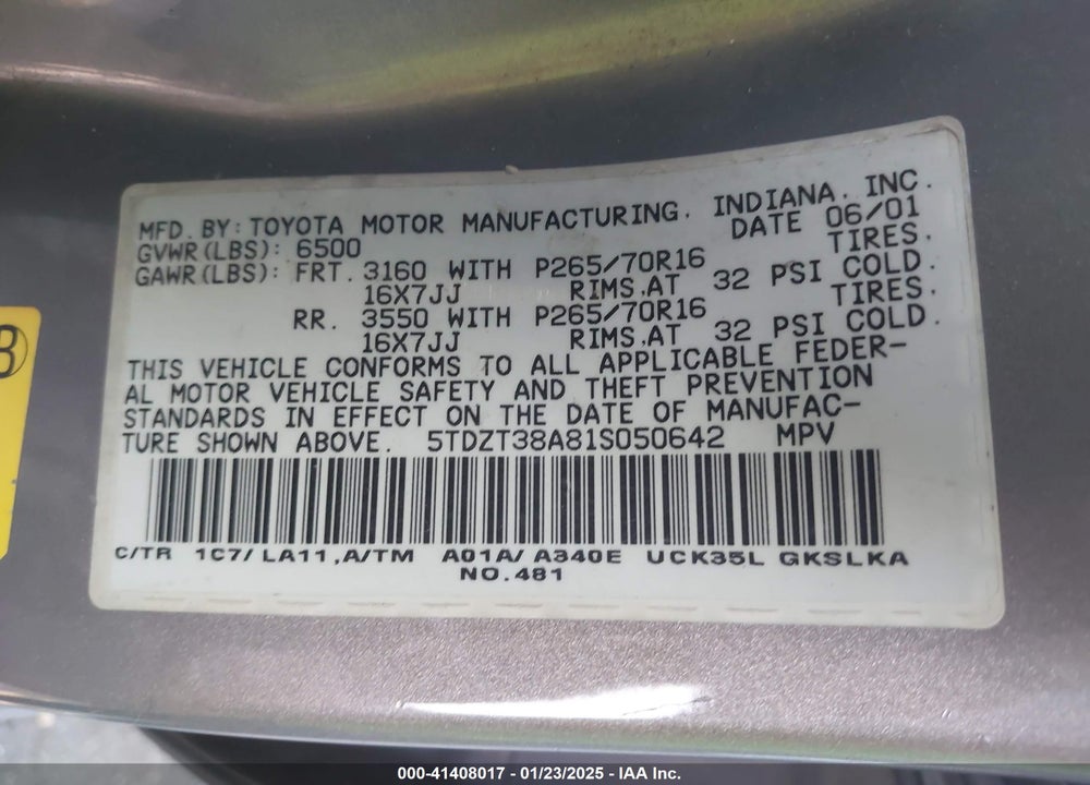 2001 TOYOTA SEQUOIA VIN: 5TDZT38A81S050642