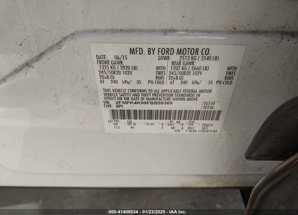 2015 FORD EDGE TITANIUM VIN: 2FMPK4K99FBB59369