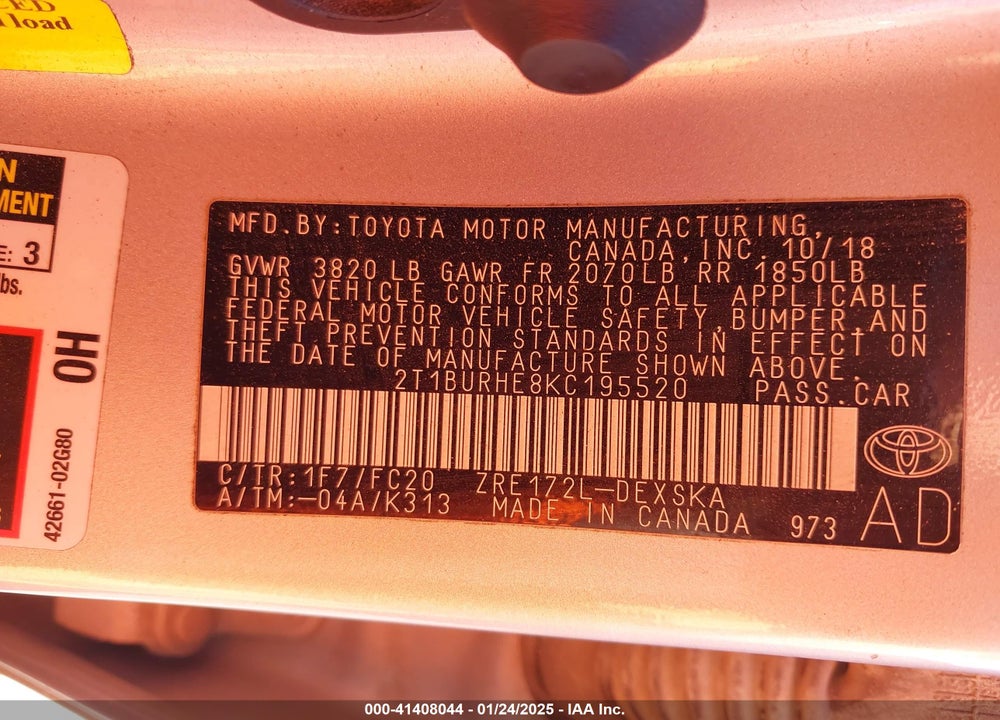 2019 TOYOTA COROLLA VIN: 2T1BURHE8KC195520