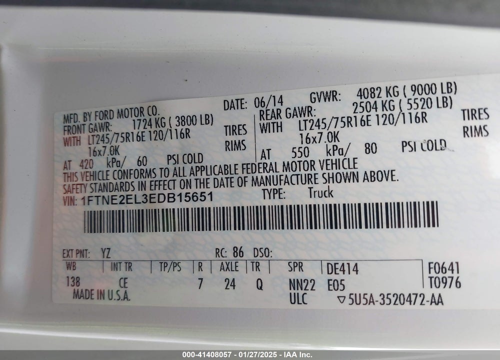 2014 MERC FORD E-250 COMIAL VIN: 1FTNE2EL3EDB15651