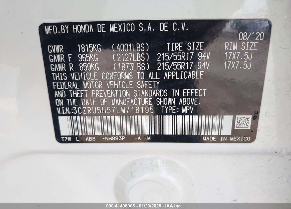 2020 HONDA HR-V 2WD EX VIN: 3CZRU5H57LM718195
