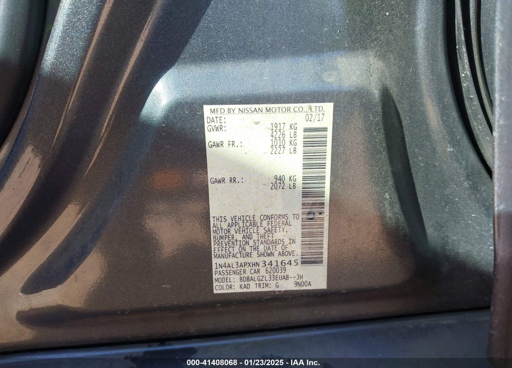 2017 NISSAN ALTIMA VIN: 1N4AL3APXHN341645