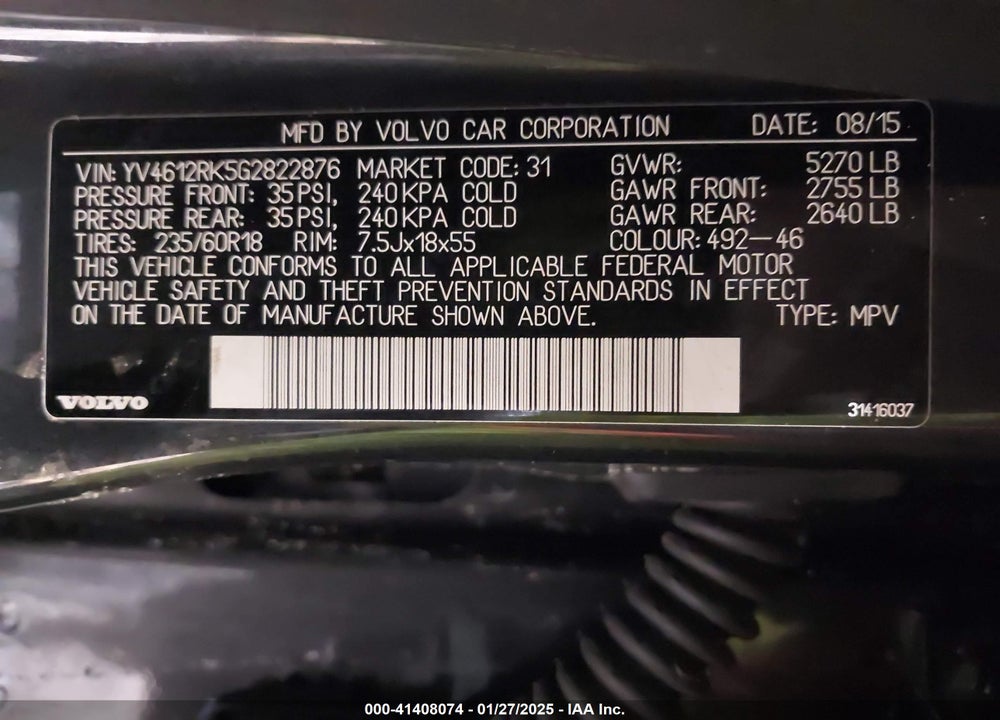 2016 VOLVO XC60 VIN: YV4612RK5G2822876