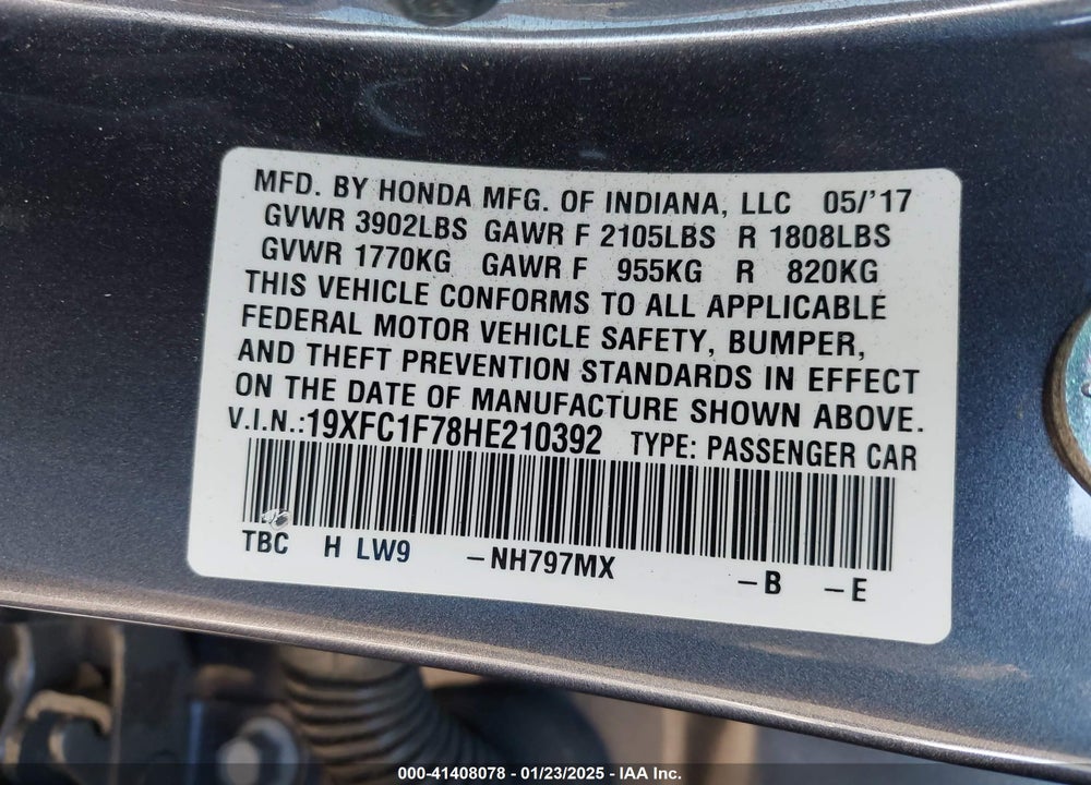 2017 HONDA CIVIC EX-L VIN: 19XFC1F78HE210392