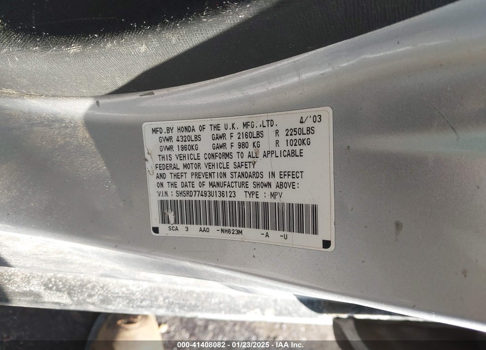 2003 HONDA CR-V LX VIN: SHSRD77493U136123