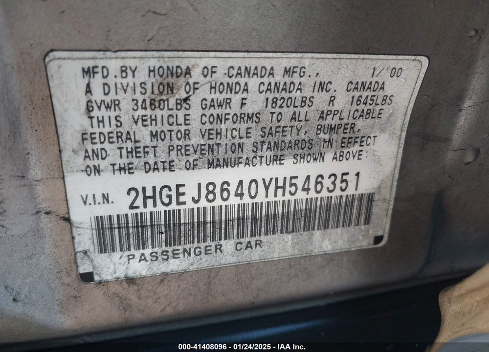2000 HONDA CIVIC EX VIN: 2HGEJ8640YH546351