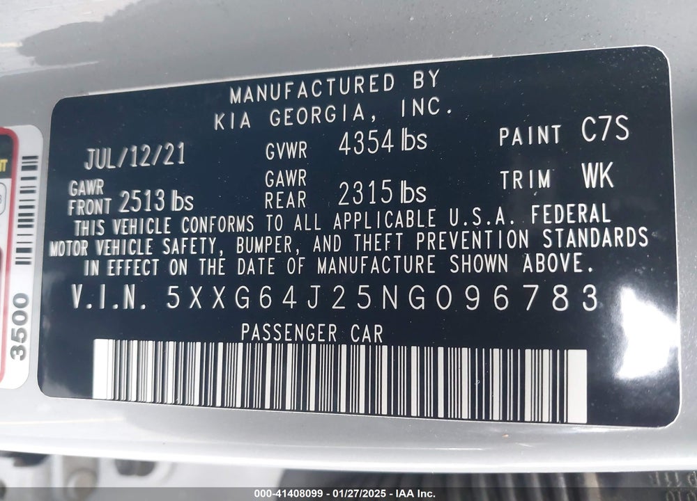 2022 KIA K5 VIN: 5XXG64J25NG096783