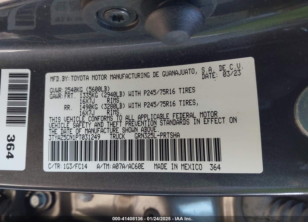 2023 TOYOTA TACOMA VIN: 3TYAZ5CN1PT031249