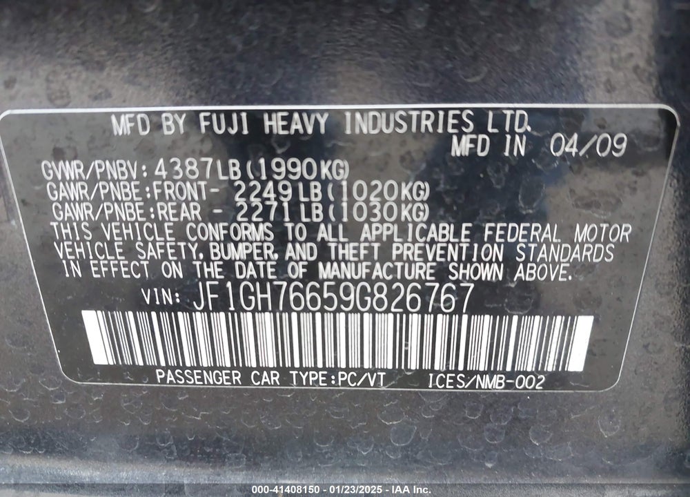 2009 SUBARU IMPREZA WRX VIN: JF1GH76659G826767