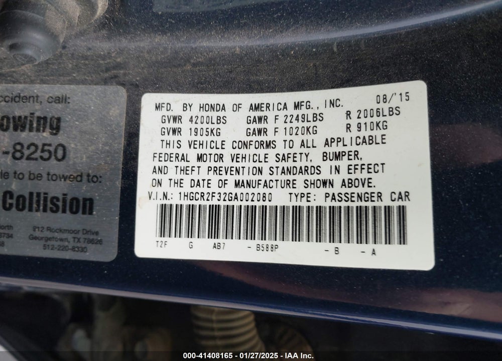 2016 HONDA ACCORD LX VIN: 1HGCR2F32GA002080